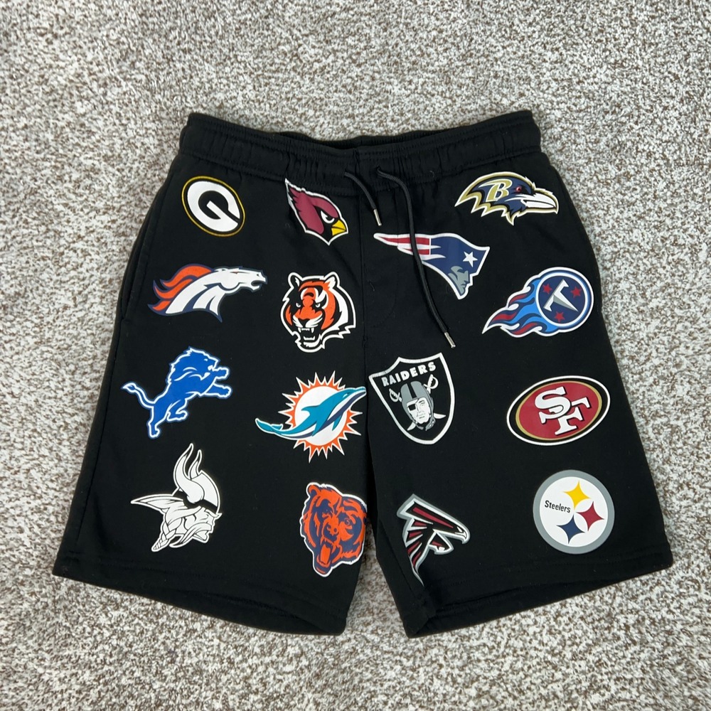 NFL Shorts Mens Medium Black Ultra Game All Team Logo Fleece Football Lounge